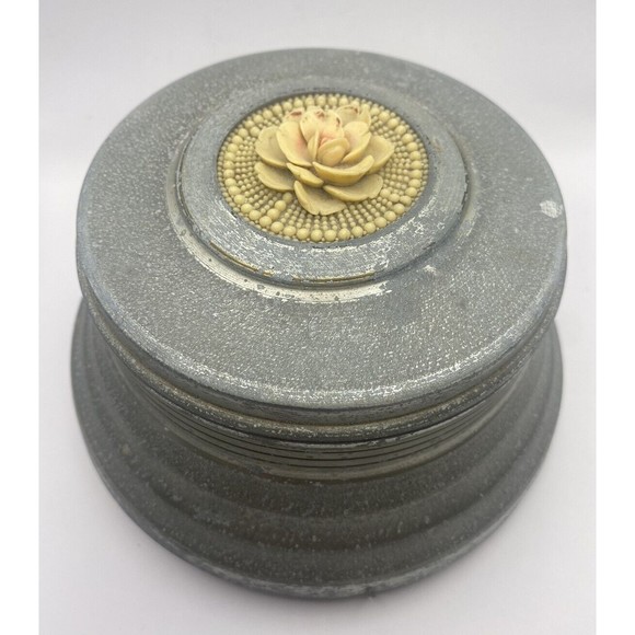 Vintage Music Box Aluminum Metal Powder Trinket Vanity Floral Top Used - Picture 1 of 13